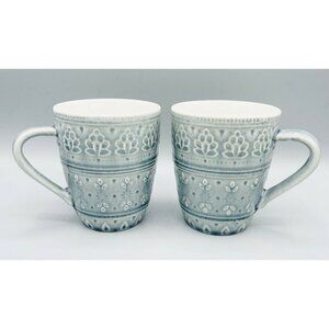 Pair Euro Ceramica Fez Dove Grey Mugs 11158040 Boho Blue Crackle Coffee Tea Cup